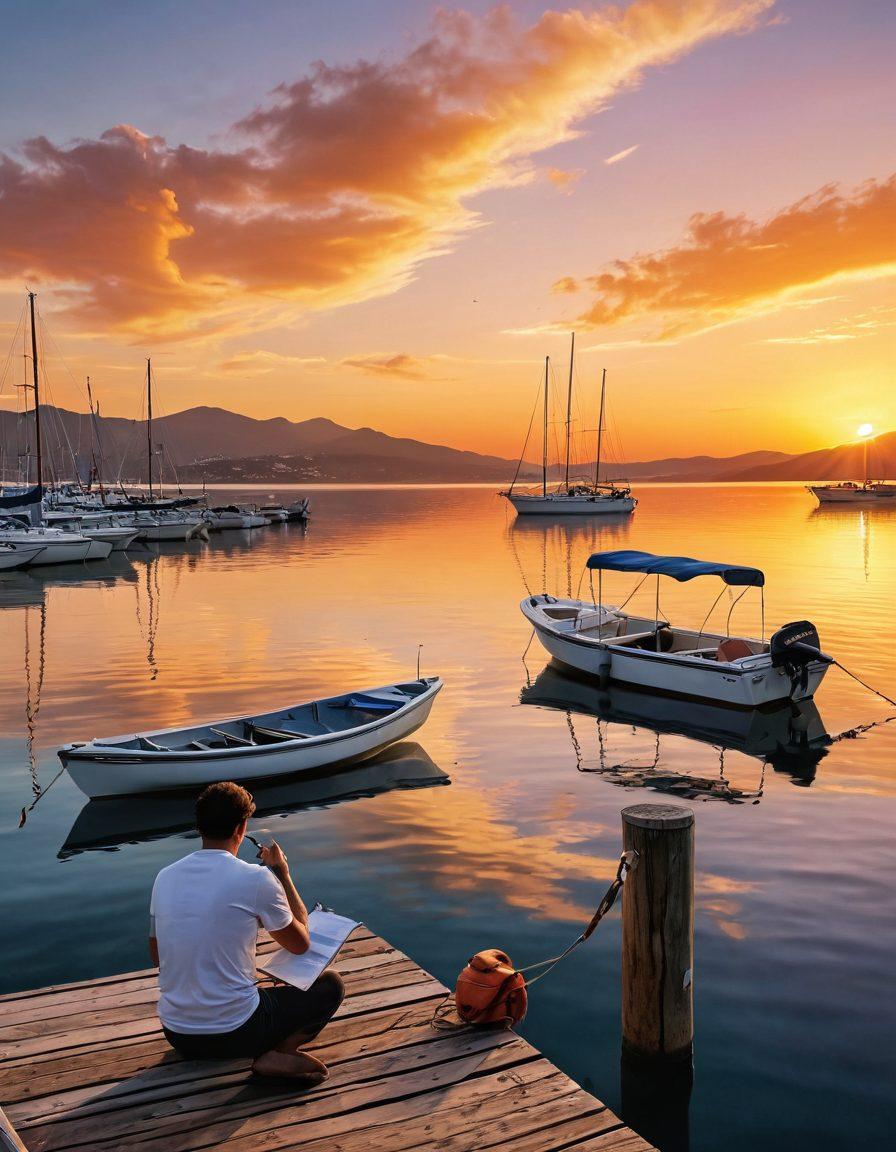 A serene marina scene showcasing various vessels anchored safely, while a gentle sunset bathes the sky in warm hues. In the foreground, a sailor reviews a nautical insurance policy on a clipboard, with a life preserver and a compass nearby. The background features distant hills and a clear sky, symbolizing security and adventure on the water. super-realistic. vibrant colors. scenic sunset.