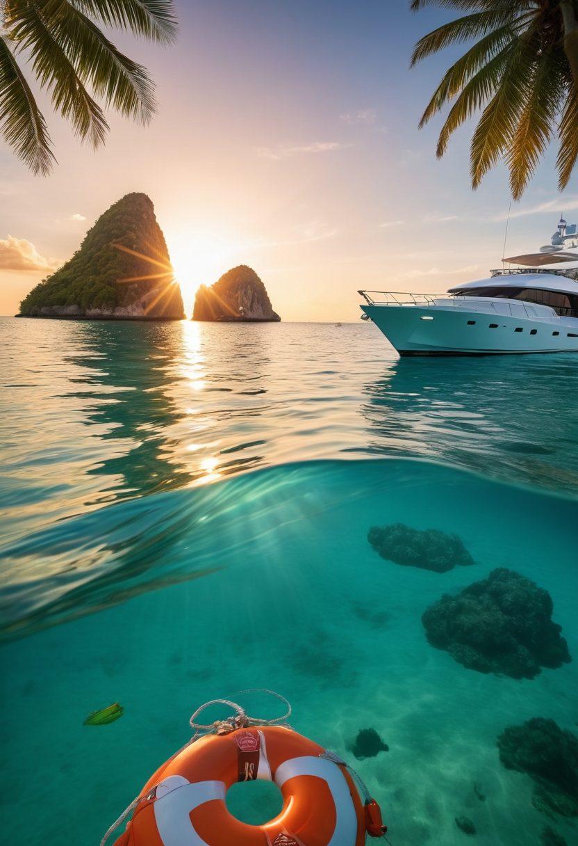 A luxurious yacht sailing through crystal clear waters, surrounded by tropical islands. The focus is on the yacht with illustrations of protective shields and symbols representing insurance, like a lifebuoy and a shield. In the background, a serene sunset enhances the image, bringing a sense of peace and safety. The scene should convey adventure but also emphasize protection and security. vibrant colors. super-realistic.