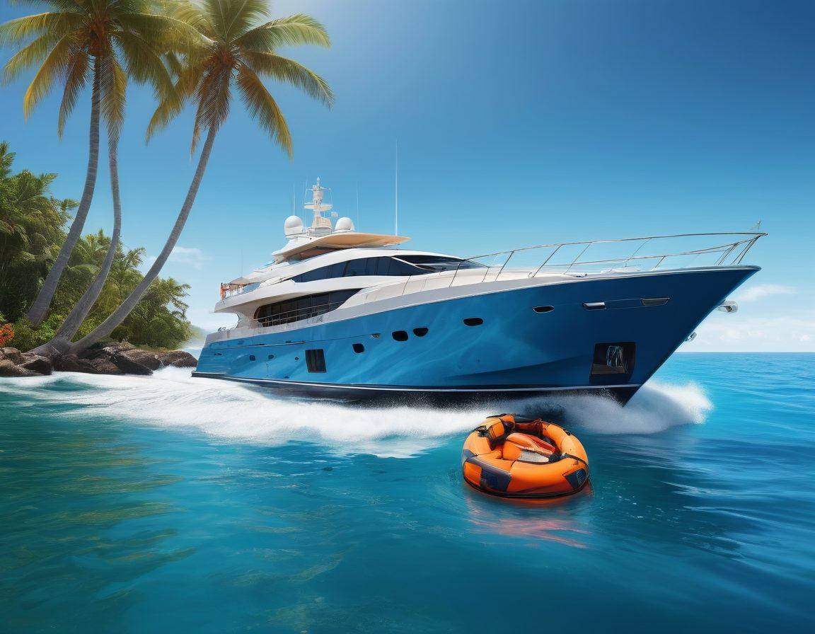 An elegant yacht sailing on a serene blue ocean under a clear sky, with a shield symbol subtly integrated into the waves to represent insurance protection. Include a reflection of the yacht on the water, surrounded by safety gear like life vests and flares to emphasize security. The background features a distant island with palm trees, conveying a sense of adventure. vibrant colors. super-realistic.
